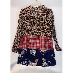 Southern Stitch 2X Leopard Print Plaid Tiered Floral Long Sleeve Tunic Top